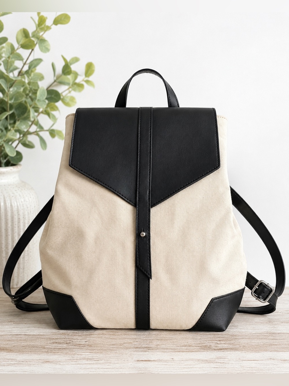 Deux Lux Canvas Backpack Cream Black Convertible Travel Bag Minimalist